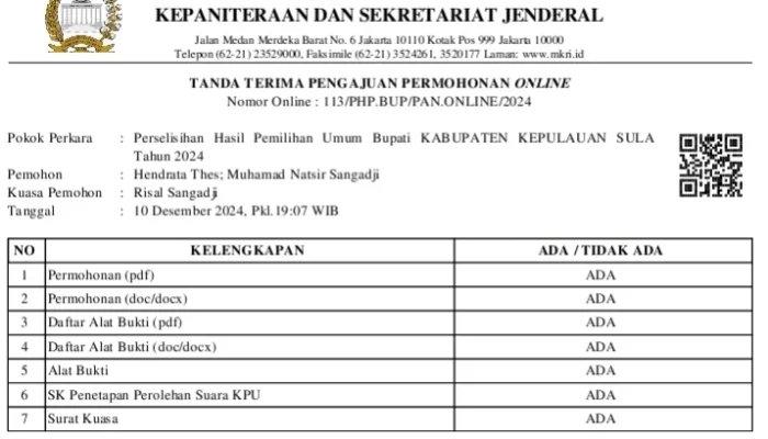 MK Terima Permohonan Sangketa Pilkada Kepulauan Sula